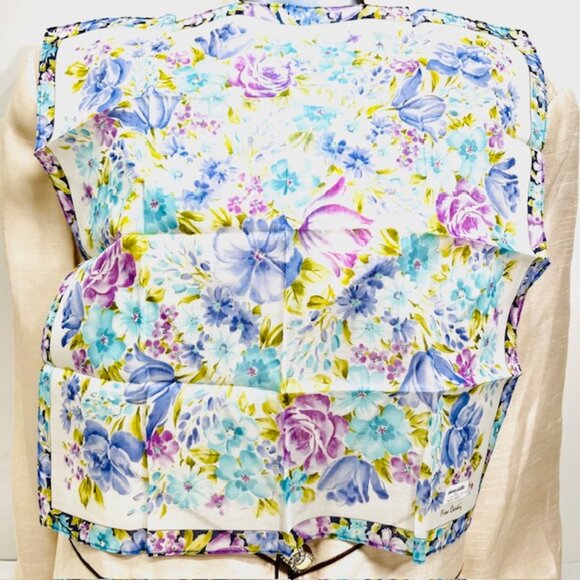 New Pierre Cardin  MiniScarf/Handkerchief Cotton 18" , White Purple Floral (82) - Picture 3 of 5